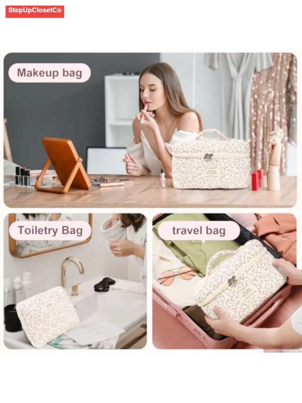 Quilted Cotton Makeup Bag Set, 3 Piece Travel Cosmetic Organizer Pouch, Nylon